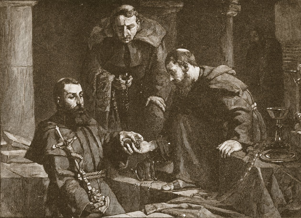 Skjuler skatter ved undertrykkelsen av et kloster, illustrasjon fra The Church of England: A History for the People av H.D.M. Spence-Jones, pub. ca. 1910 litho sepia-foto av J. Cooke