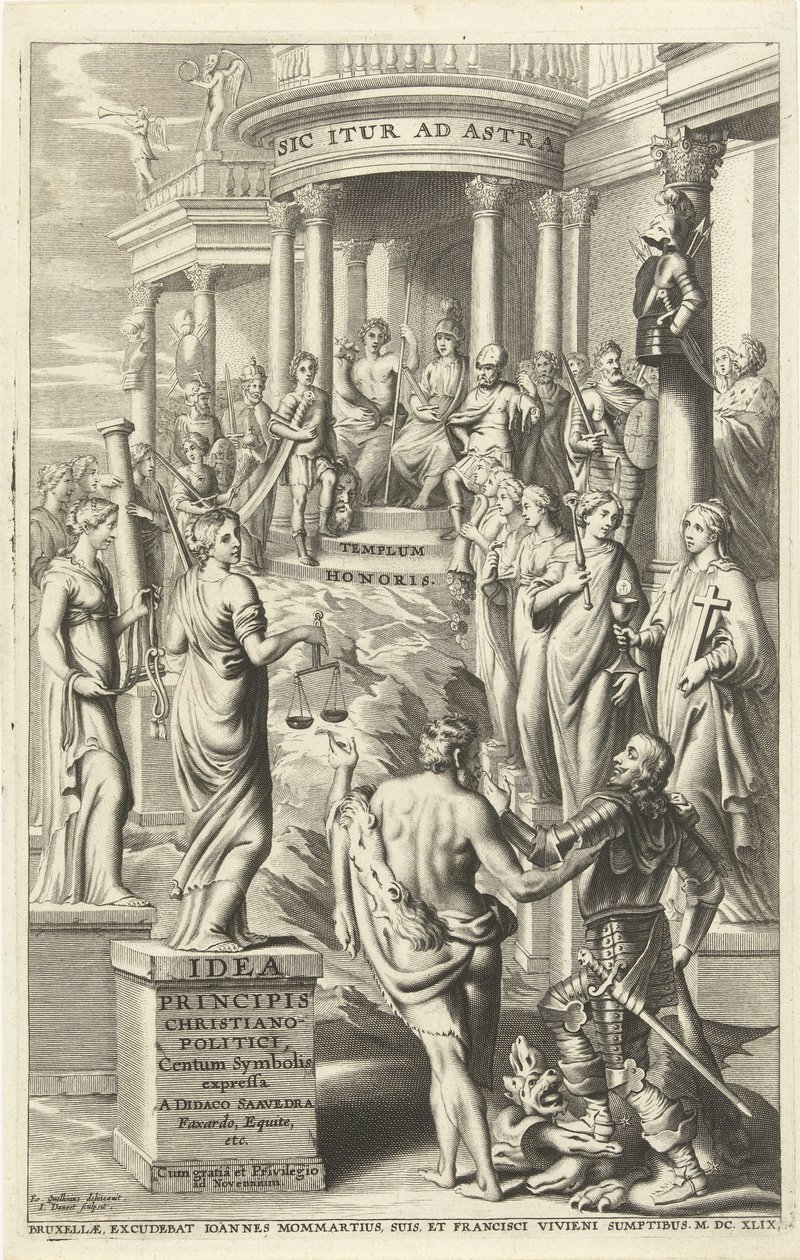 Hercules leder mennesket forbi personifikasjoner av dyder til et tempel for evig berømmelse Tittelside for: Idea principis christiano-politica, Centum Symbolis expressa, Brussel 1649 (tittel på objekt) av J. Danoot