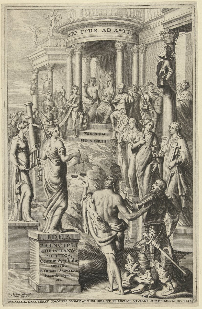 Hercules leder mennesket forbi personifikasjoner av dyder til et tempel for evig berømmelse Tittelside for: Idea principis christiano-politica, Centum Symbolis expressa, Brussel 1649 av J. Danoot