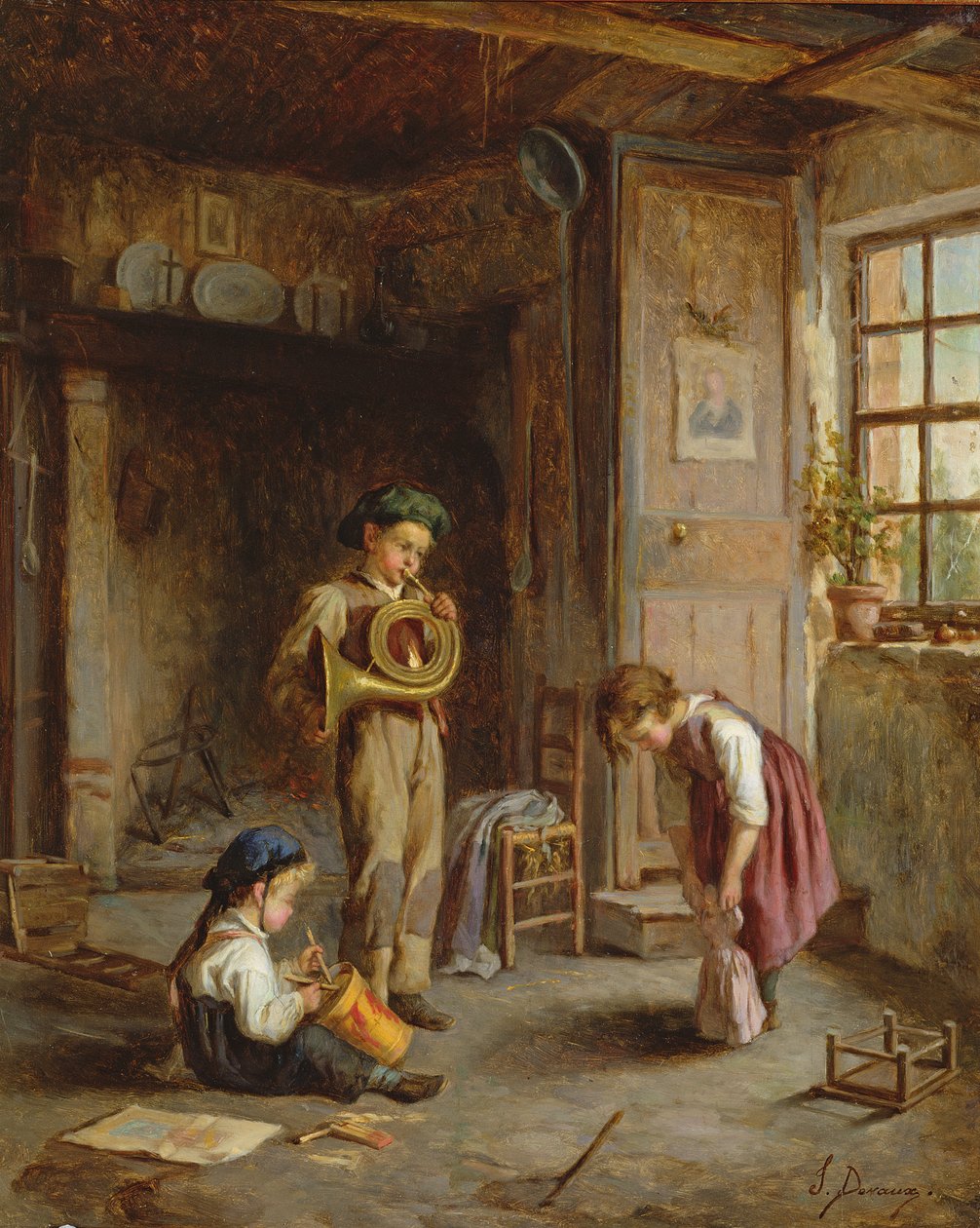 Gutter med fransk horn og tromme, 1800-tallet; av J. Devaux
