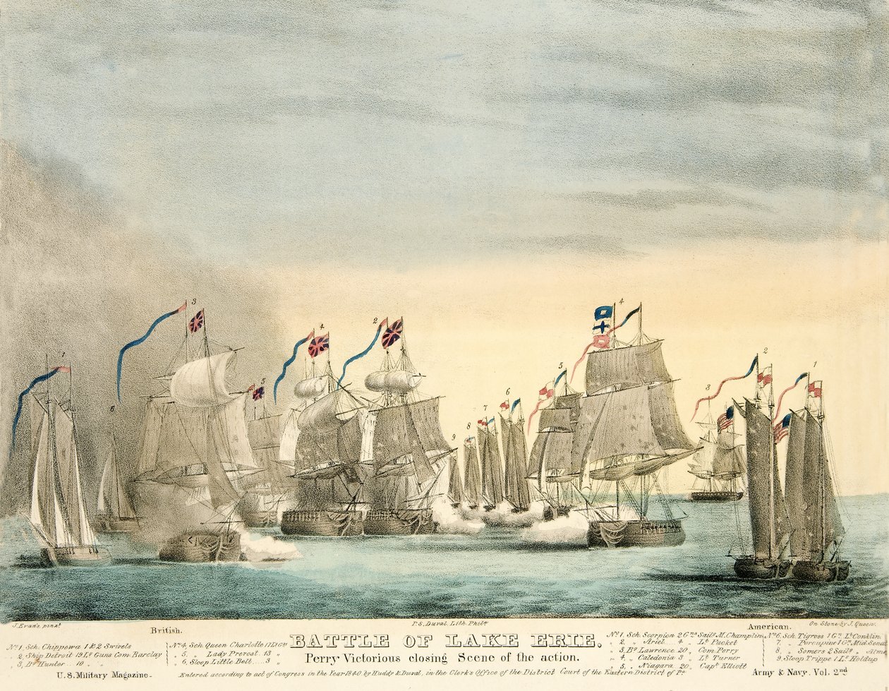 Slaget ved Lake Erie. Perry Victorious avslutningsscene av Action fra Army and Navy Magazine, pub. 1840 (farget gravering) av J. Evans