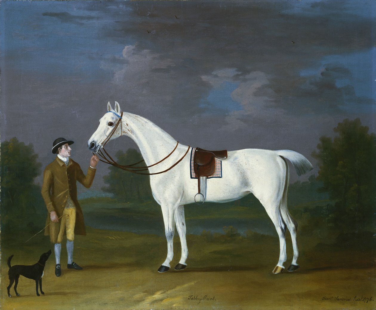 Tabby Runt", en grå jeger med sin eier og en terrier i et elvelandskap, 1776 av J. Francis Sartorius