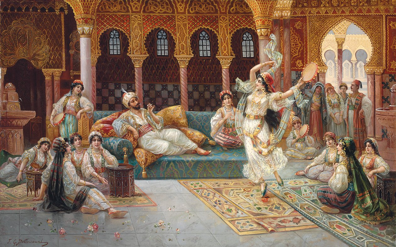En haremsdans (olje på lerret lagt ned om bord) av J. G. Delincourt