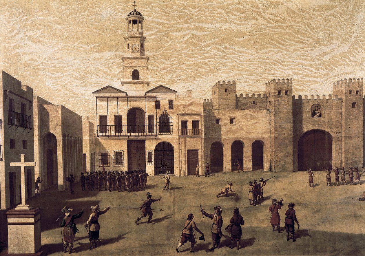 Utsikt over San Juan de Dios-plassen (Saint John of God) og rådhuset i Cádiz, i 1596. Maleri av J.Garcia (16.). Olje på lerret av J. Garcia