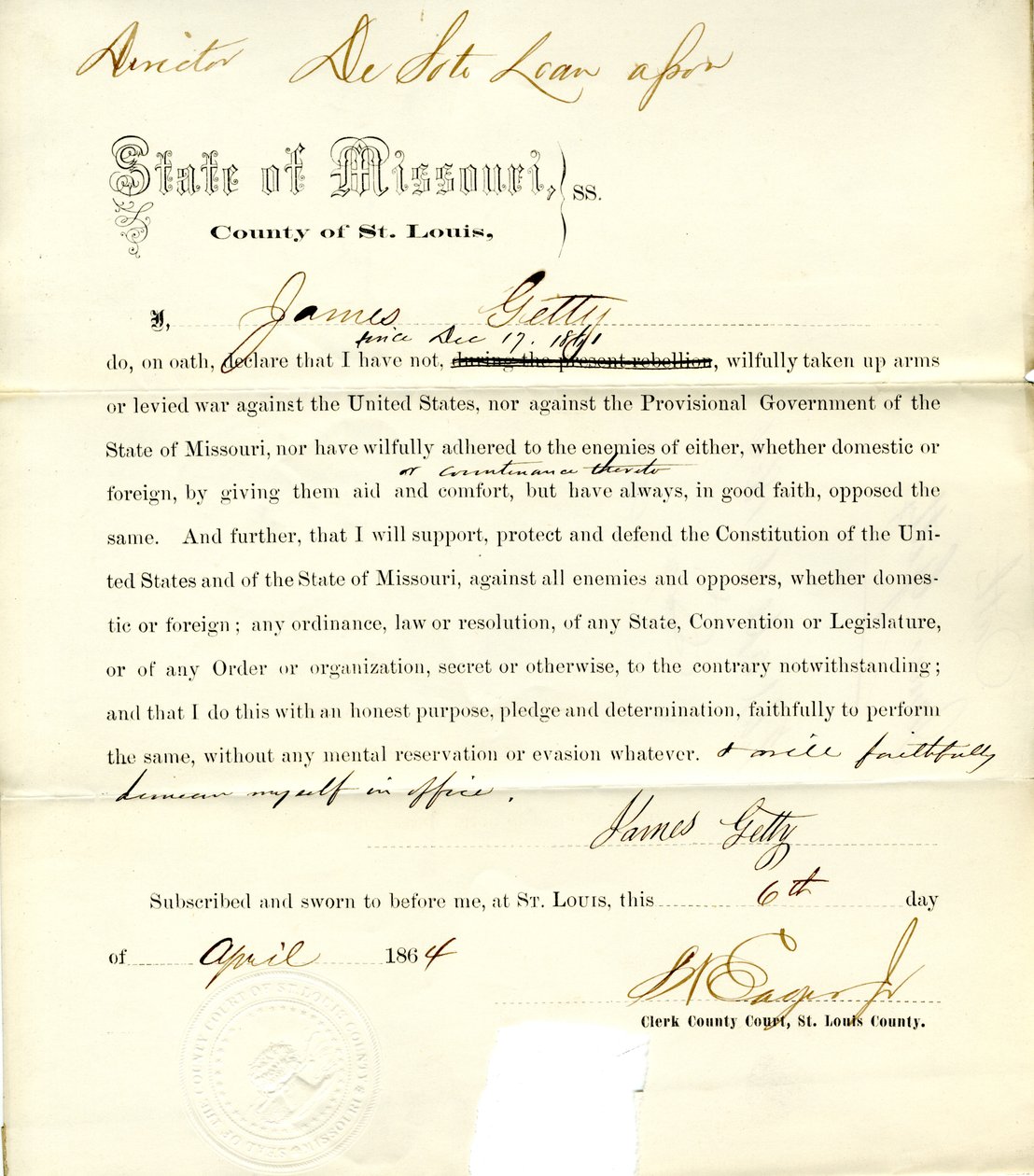 Lojalitetsed av James Getty fra Missouri, County of Louis av J. Getty