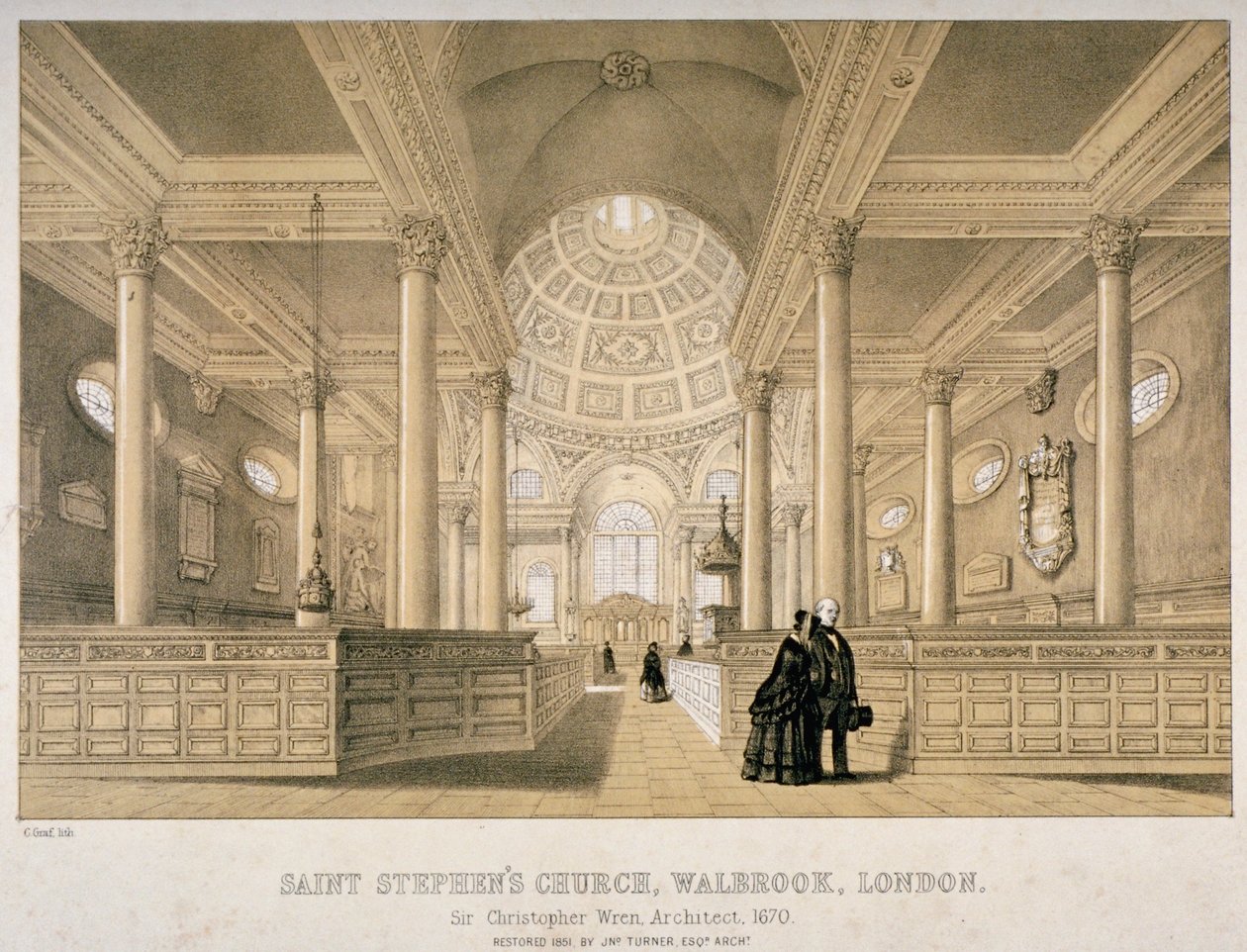 Innvendig utsikt mot øst, Church of St Stephen Walbrook, City of London, 1851 av J Graf