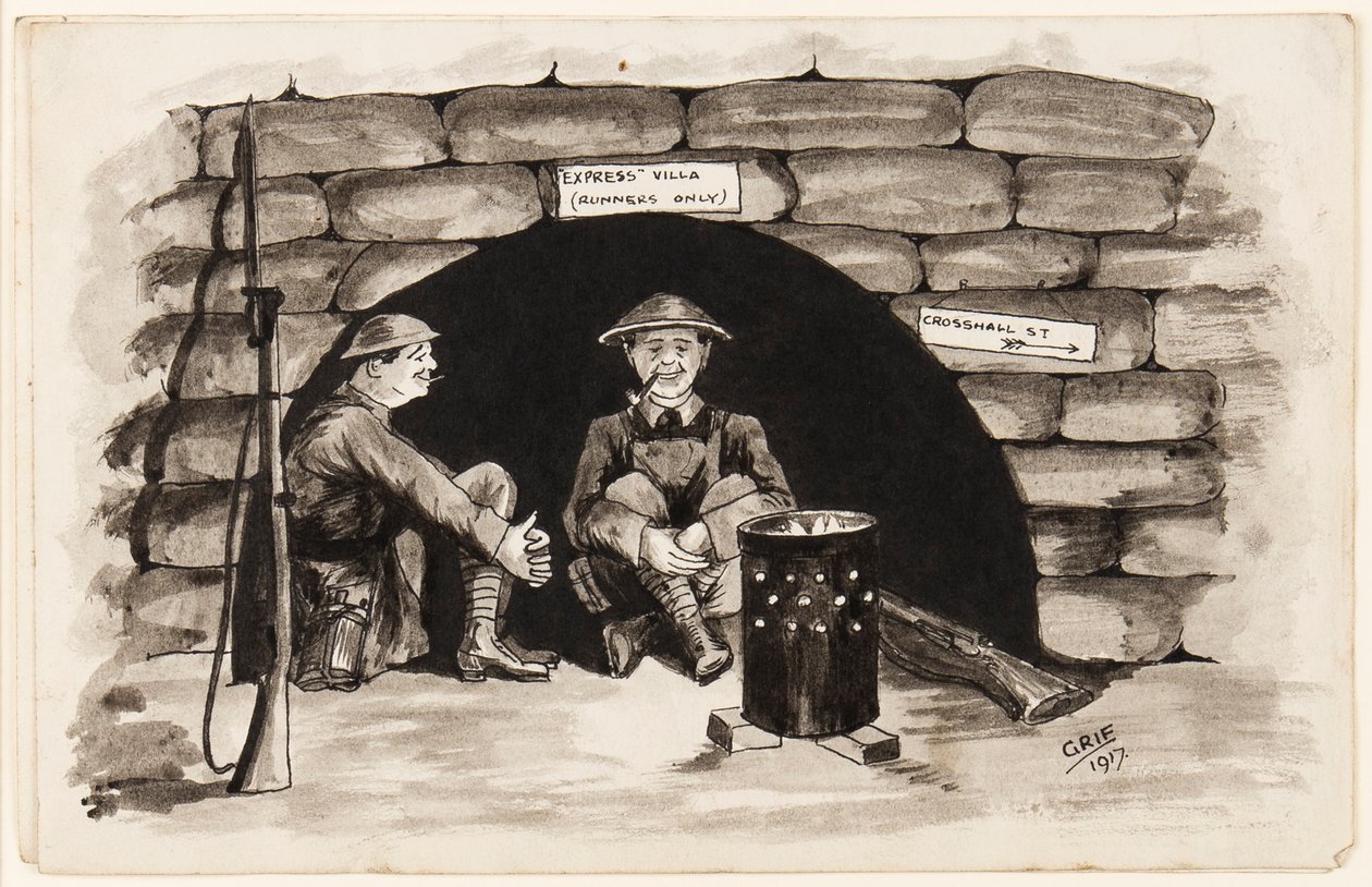 Express Villa (kun for løpere): A Warm Corner i Frankrike, 1917 (penn, pensel og blekk på papir) av J. Griffiths
