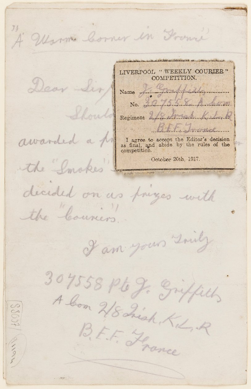 Brev til konkurranseredaktøren for Liverpool Weekly Courier, 1917 av J. Griffiths