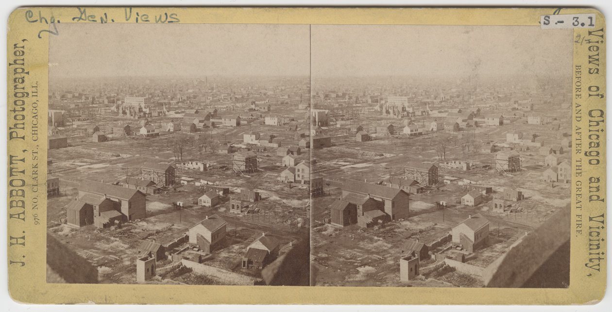 Stereograf av utsikt nordnordvest fra vanntårnet etter Chicago-brannen i 1871, 1871 (bw-bilde på kortfeste) av J. H. Abbott