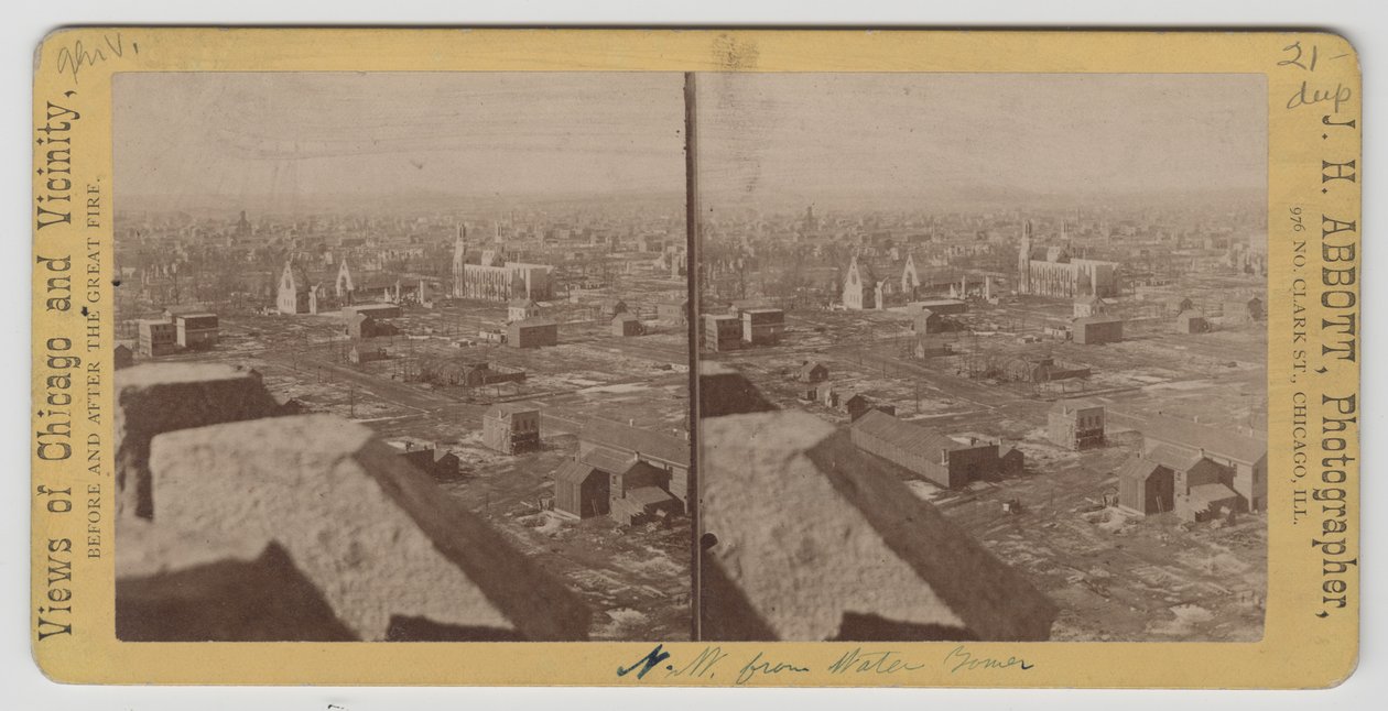 Stereograf av utsikt nordvest fra Water Tower etter Chicago-brannen i 1871 av J. H. Abbott