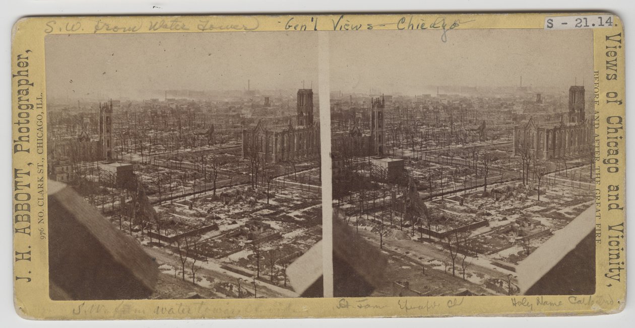 Stereograf av utsikt sørvest fra Water Tower etter Chicago-brannen i 1871 av J. H. Abbott