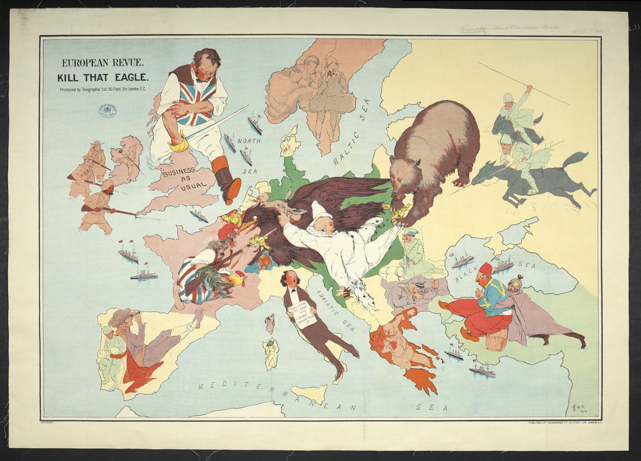Tegneseriekart over det europeiske krigsområdet med tittelen 