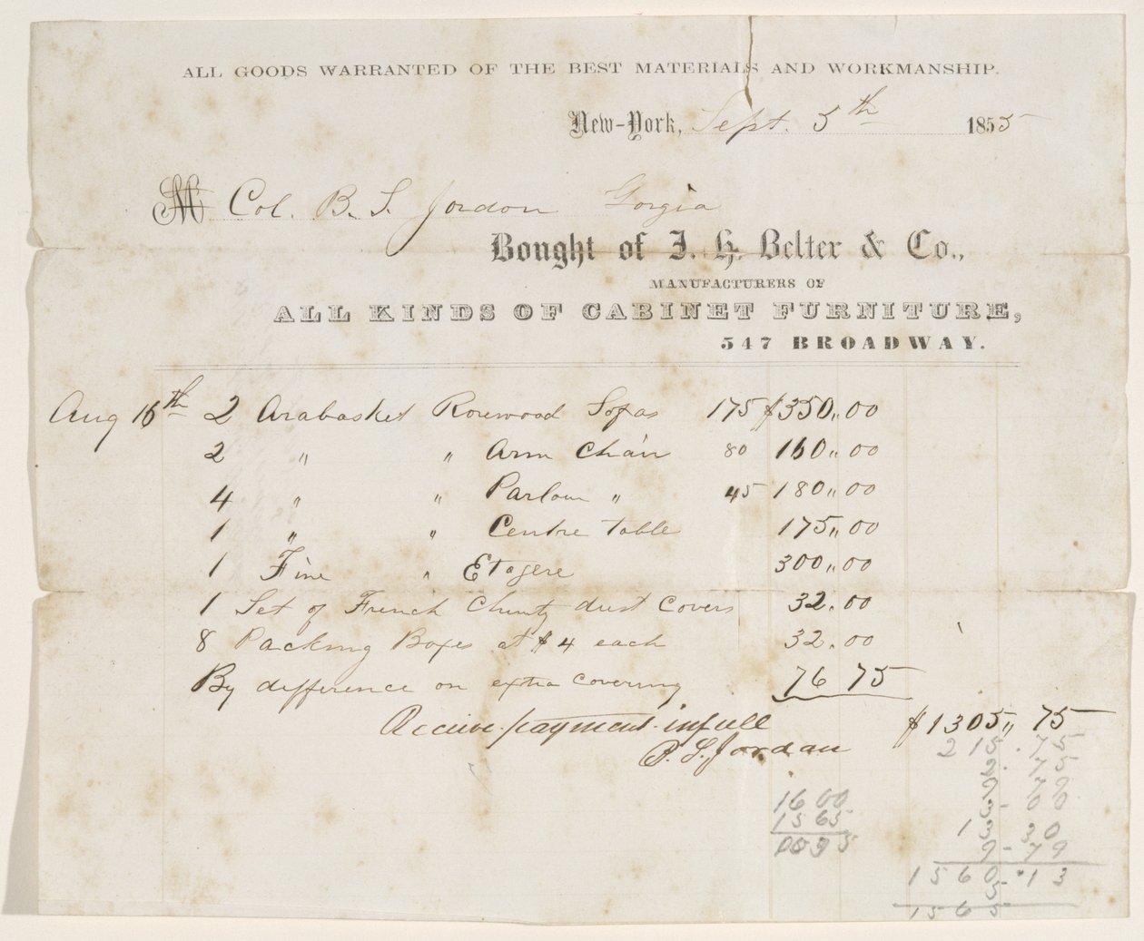 Salgsbrev til oberst B. S. Jordan, 5. september 1855 (blekk på papir) av J. H. Belter and Co. J. H. Belter and Co.
