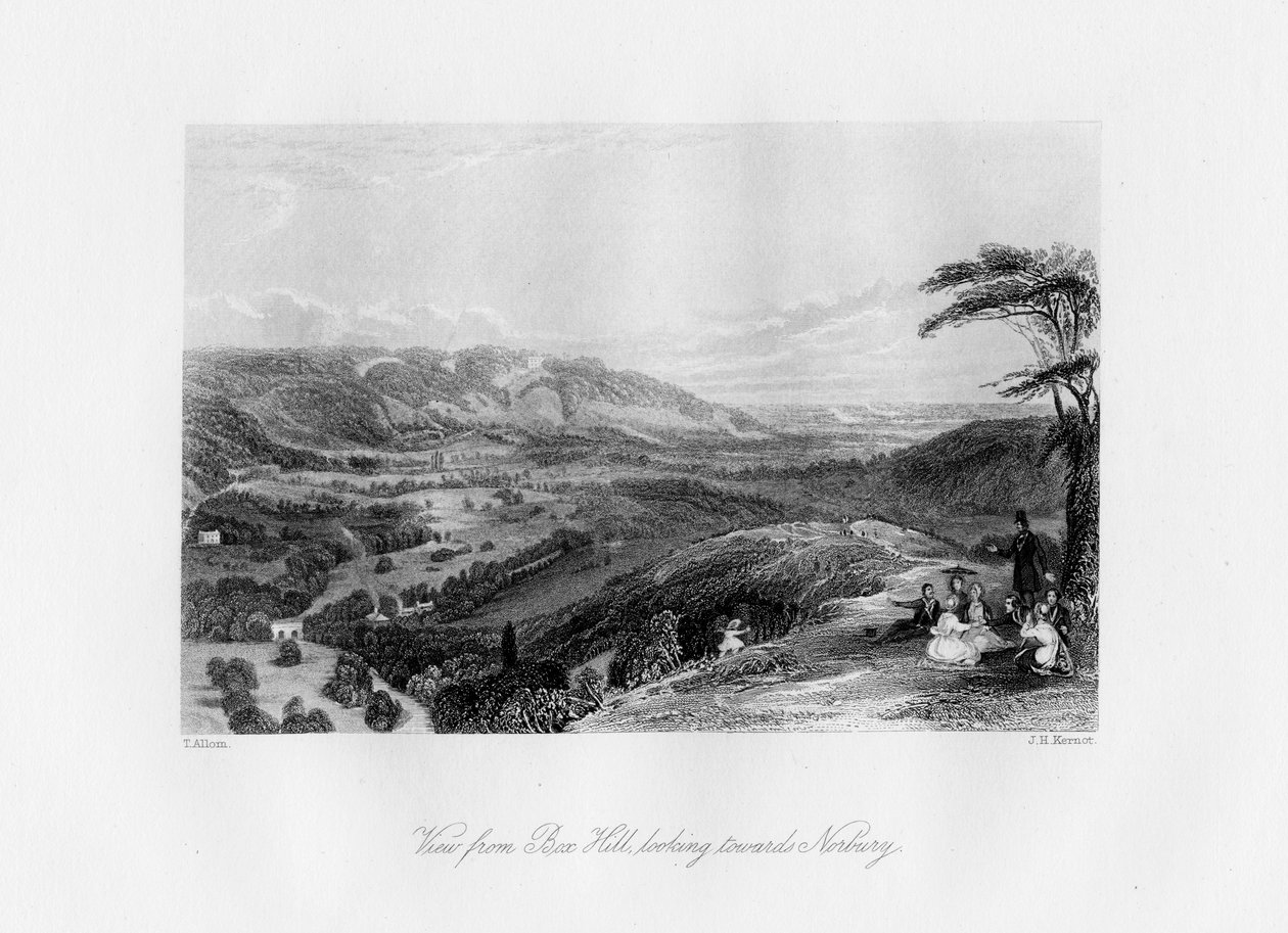 Utsikt fra Box Hill, mot Norbury, 1800-tallet. av J. H. Kernot