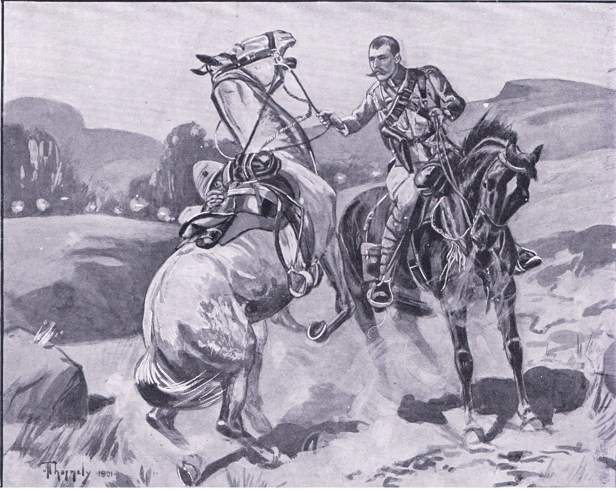 Major Brown, 14th Hussars, holder liet Browns hest under kraftig ild, illustrasjon fra After Pretoria: The Guerilla War, 1902 av J. H. Thorneley