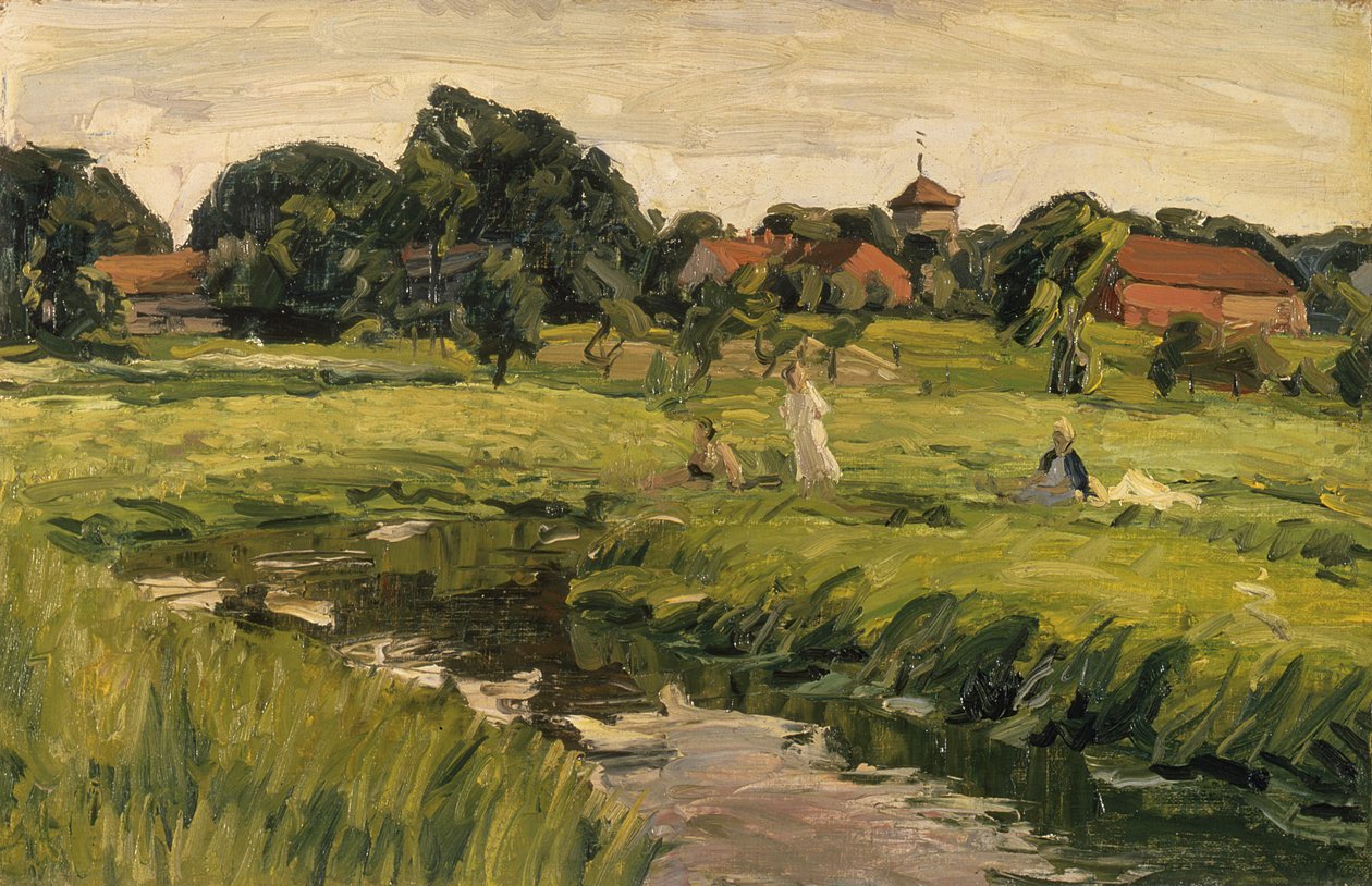 Children by the Creek (olje på lerret) av J. Hansch