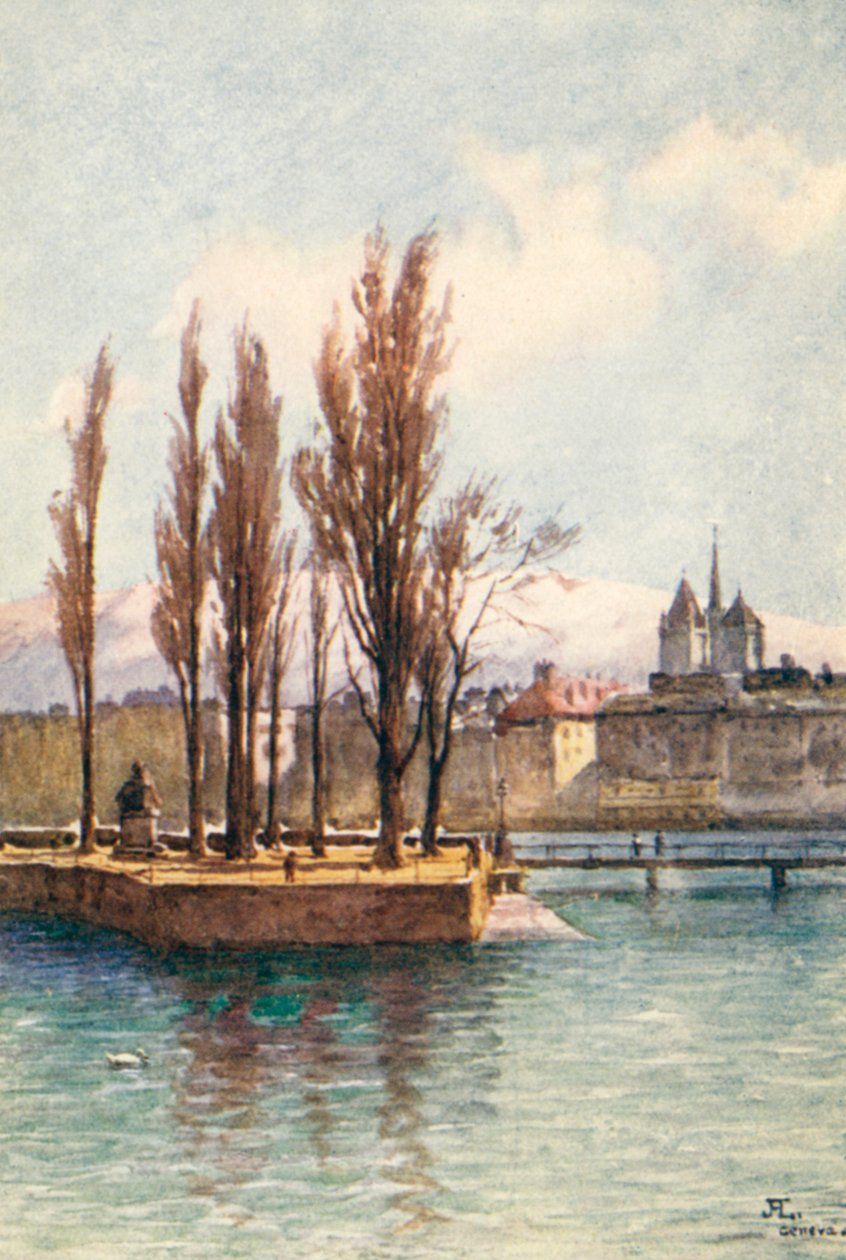 Statuen av Jean Jacques Rousseau på øya i Rhône, Genève, fra Hotel des Bergues, JHL (fargelitografi) av J. Hardwicke Lewis