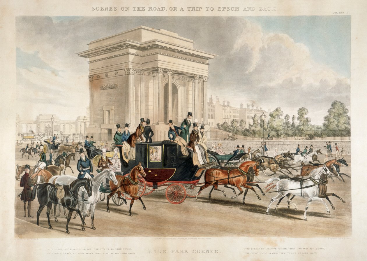 Hestevogner langs Hyde Park Corner, London, 1838 av J Harris