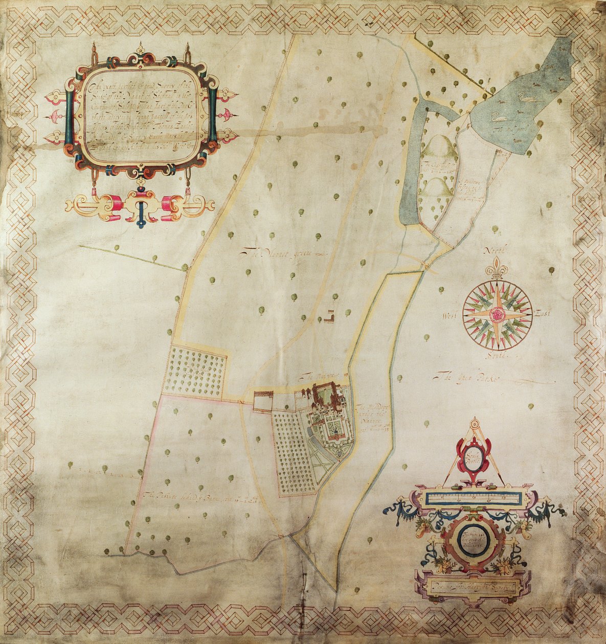 Kart over herregården i Shifnal, Shropshire, 1635 (blekk og farge på vellum) av J. Harrison