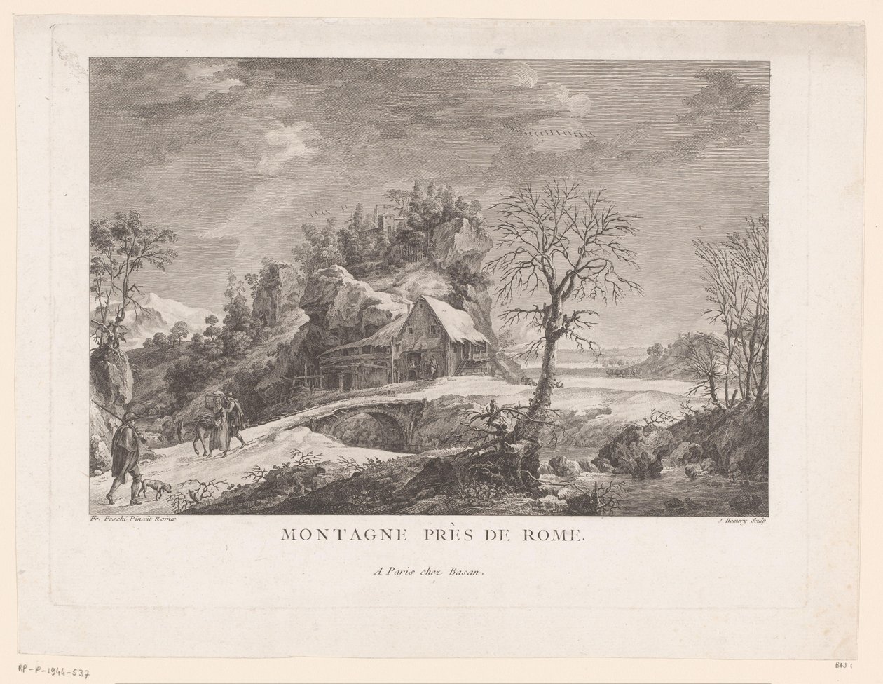 Utsikt over et hus nær en bro med figurer Montagne près de Rome (tittel på objekt) av J. Hémery