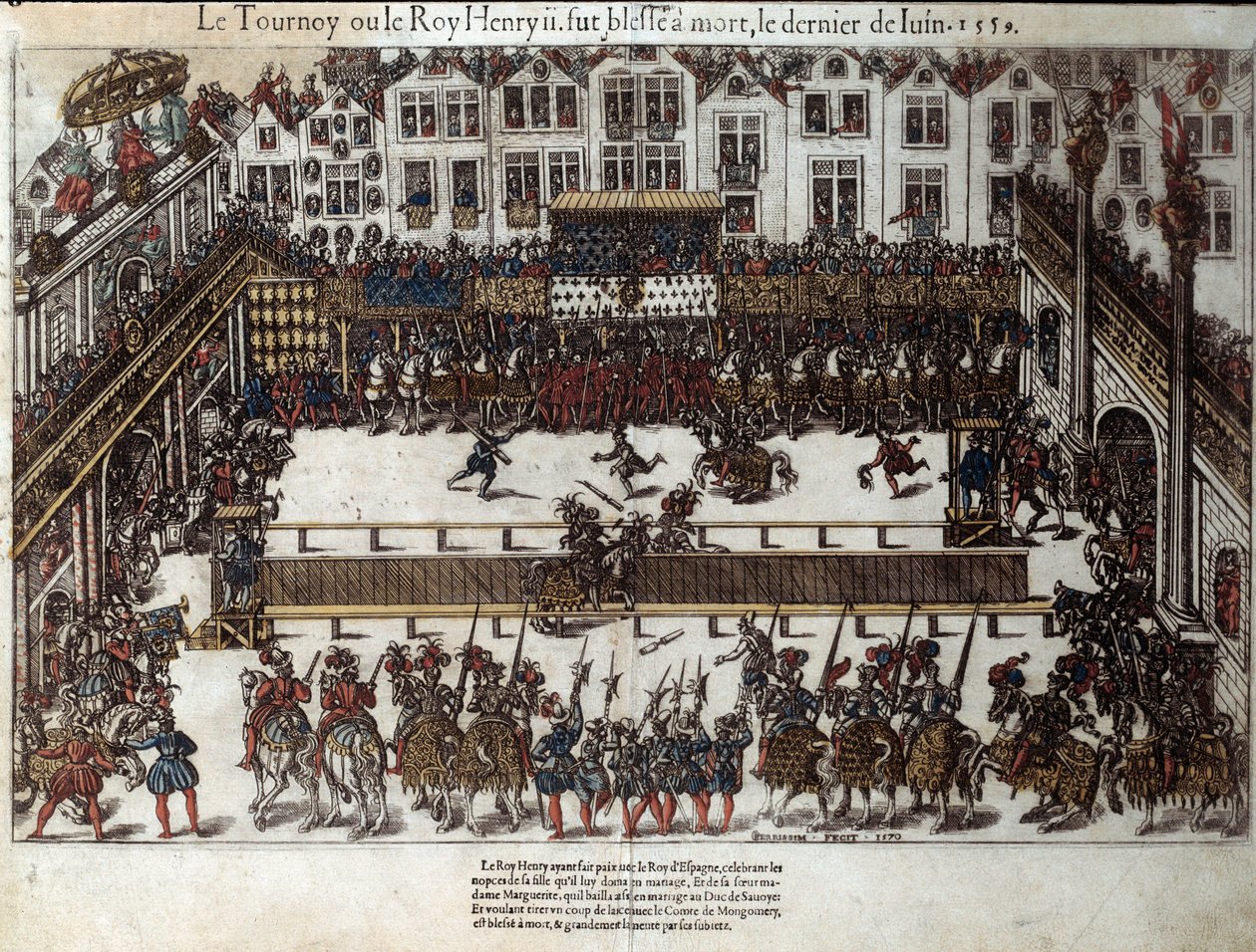 Turnering og død av Henri II (30. juni 1559): ved bryllupet til datteren hans (for tiden place des vosges) kjempet han mot Gabriel de Montgomery, kaptein for hans skotske garde, som skader ham med et spyd i øyet. Gravering fra 1500-tallet av Pe av J. J. and Tortorel J. (fl.1568 92) Perrissin