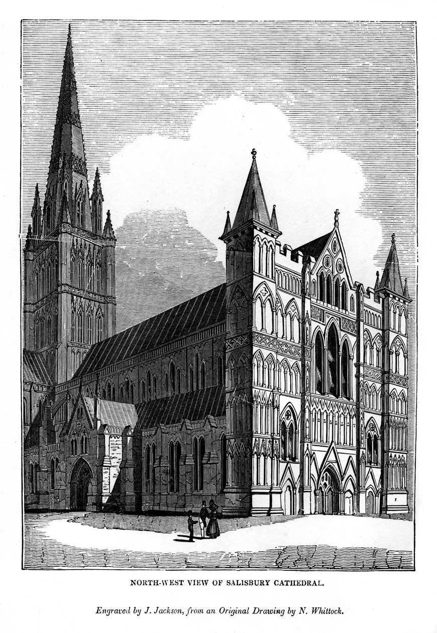 Nordvest-utsikt over Salisbury Cathedral, 1843 av J. Jackson