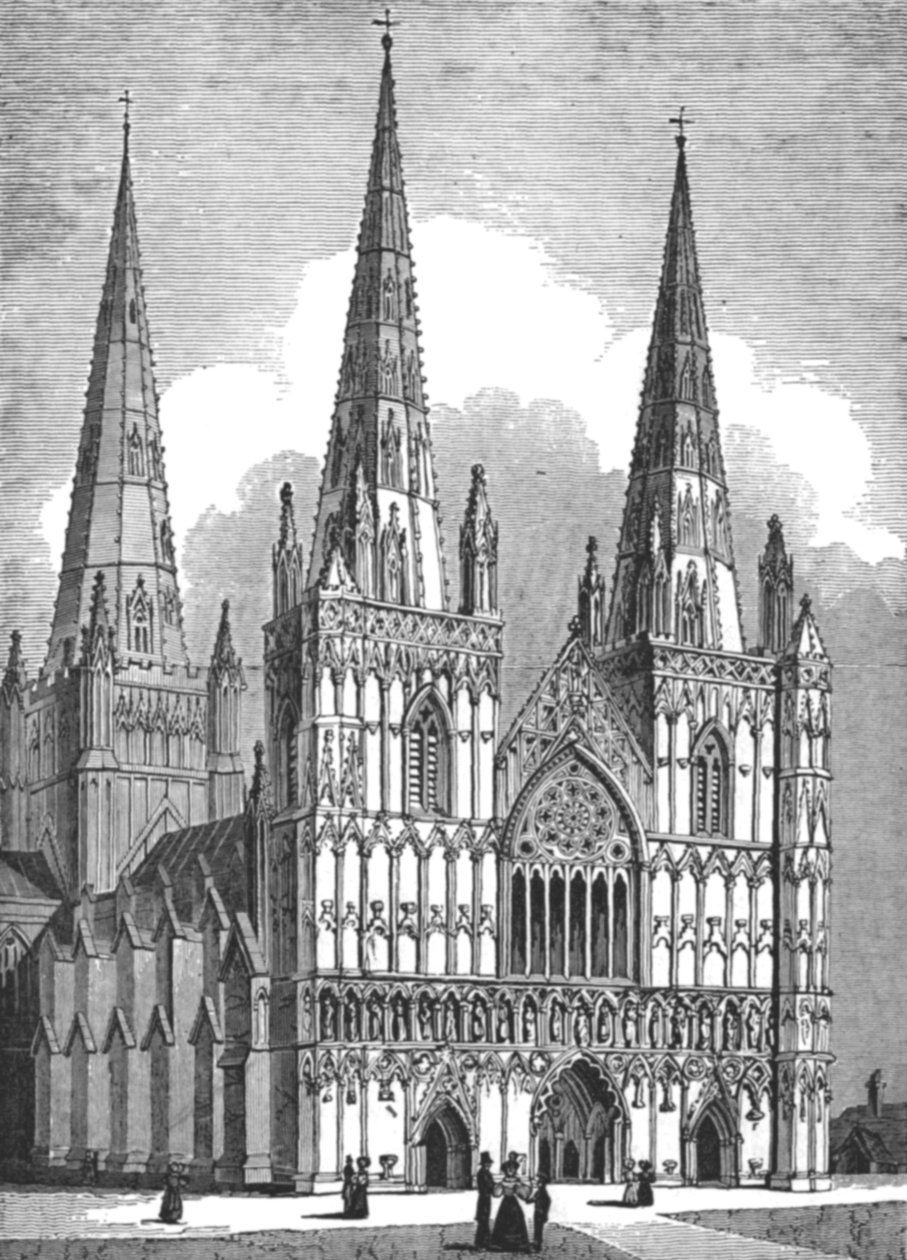 Vestfronten av Lichfield Cathedral, Staffordshire, c1843 av J. Jackson