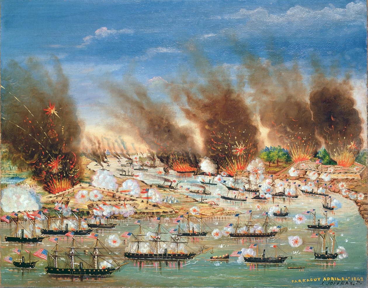 Farraguts flåte passerer Fort Jackson og Fort St. Philip, 1862 av J. Joffray