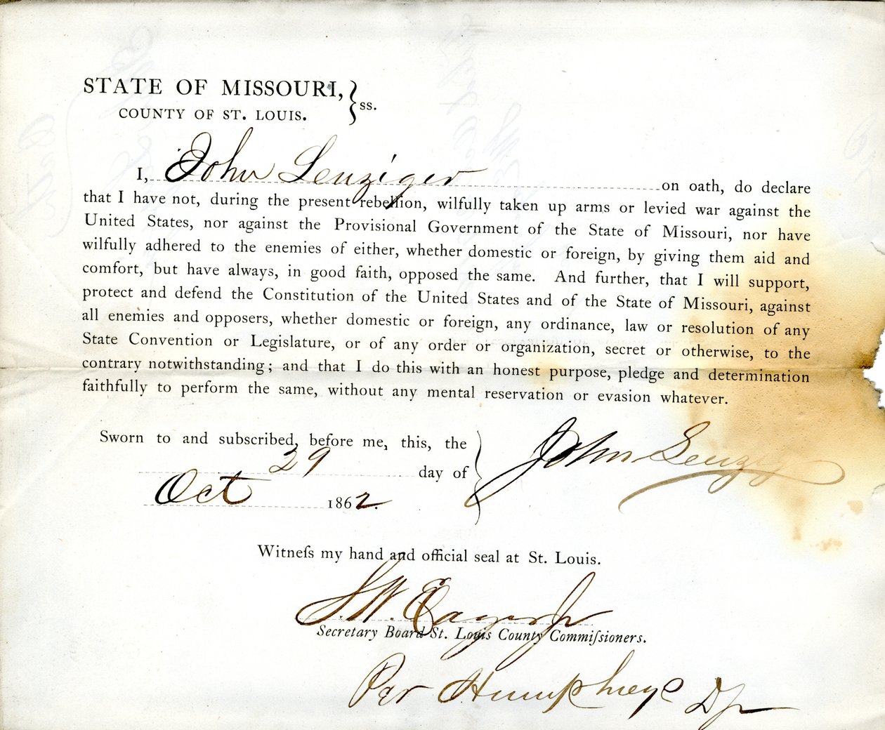 Lojalitetsed av John Leuziger fra Missouri, fylket St. Louis av J. Leuziger