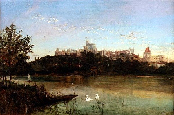 Figurer i en Punt og svaner på Themsen med Windsor Castle i bakgrunnen (olje på lerret) av J. Lewis