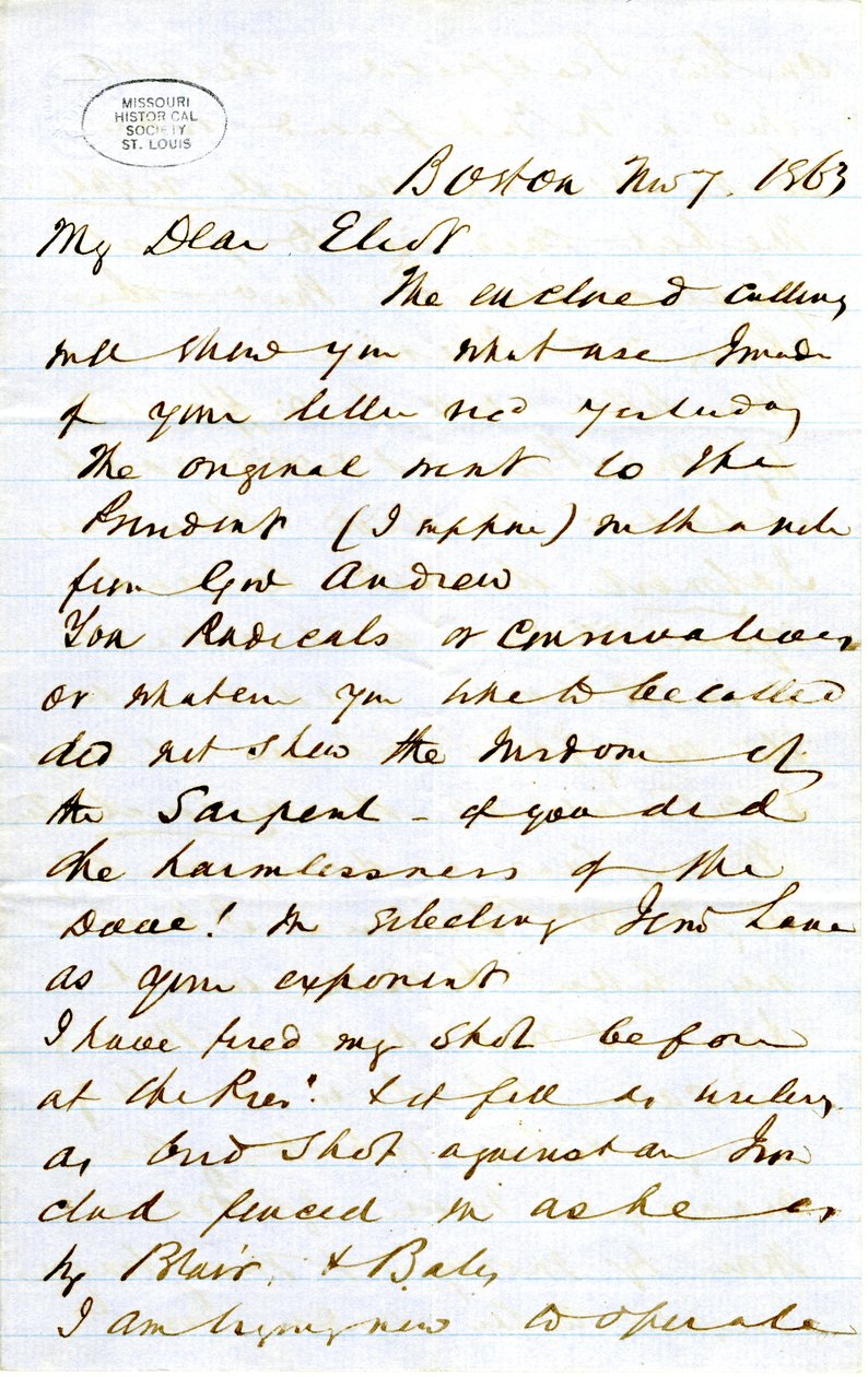 Brev signert J.M.F. [J.M. Forbes], Boston, til Eliot [William G. Eliot], 7. november 1863 av J. M. Forbes