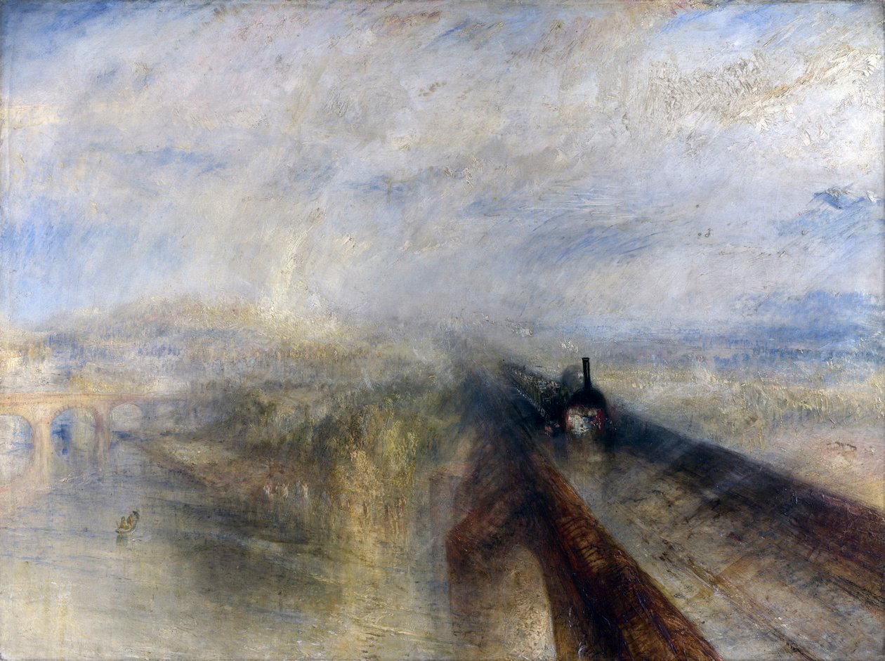 Regn, Steam og Speed - The Great Western Railway; maleriet viser et tidlig lokomotiv av Great Western Railway som krysser Themsen på Brunels nylig fullførte Maidenhead Railway Bridge. Maleriet er også kreditert for å gi et glimt av Joseph Mallord William Turner