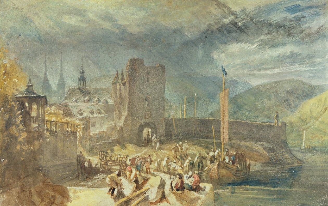 En utsikt over Boppard, med figurer på elvebredden av J. M. W. and Wyatt James Turner