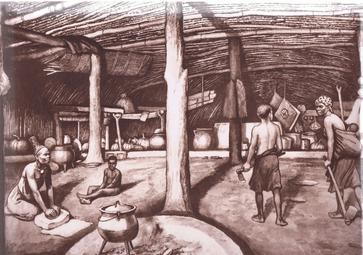 Inne i en Kaffir-kraal, fra MacMillan skoleplakater, ca. 1950-60-tallet (litho) av J. Macfarlane