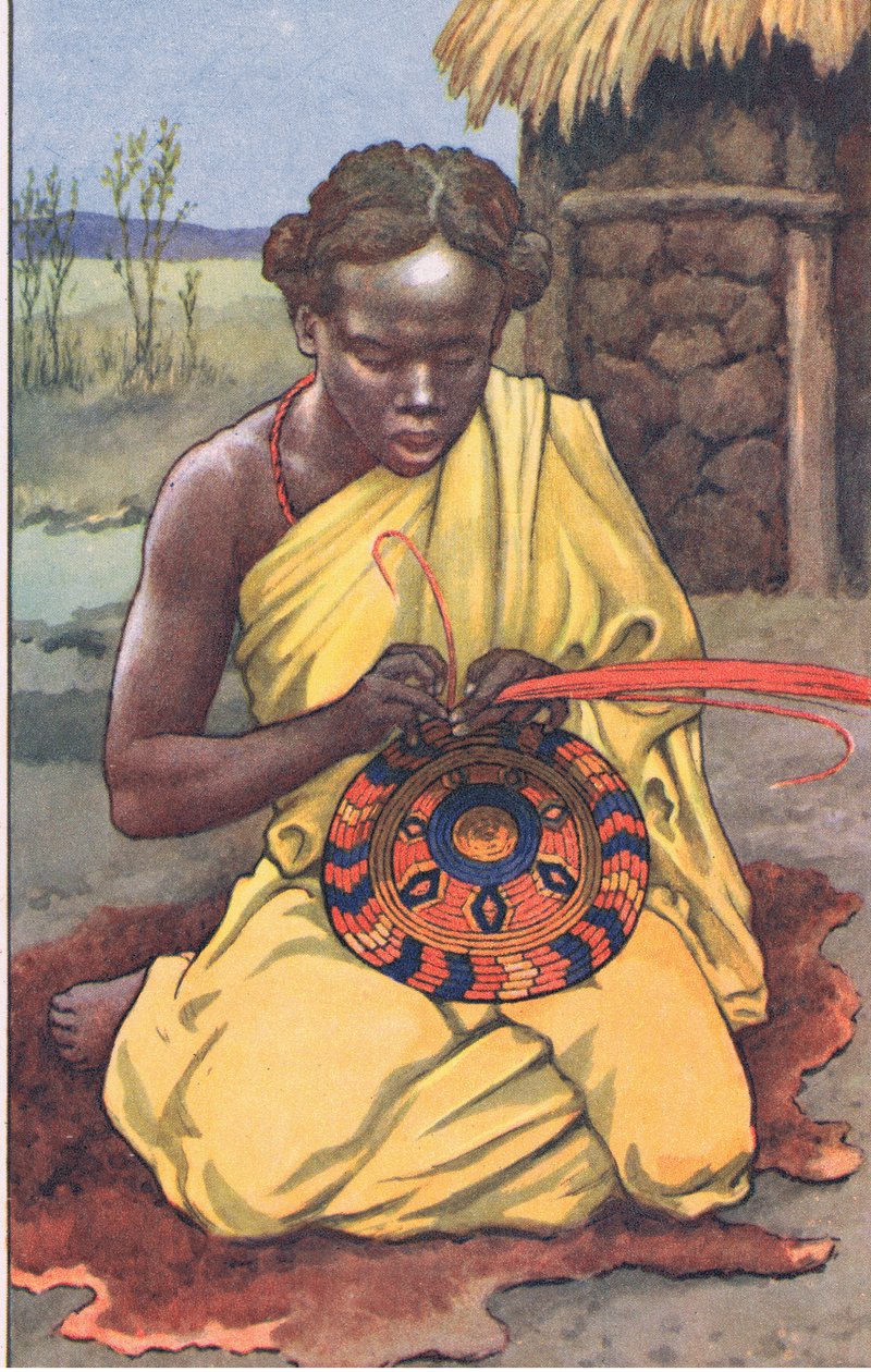 Raffia-arbeideren, fra MacMillan skoleplakater, ca. 1950-60-tallet (farge litho) av J. Macfarlane