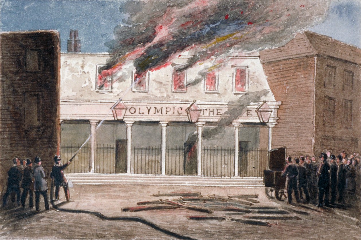Brann ved Olympic Theatre, Wych Street, Westminster, London, 1849 av J Maund