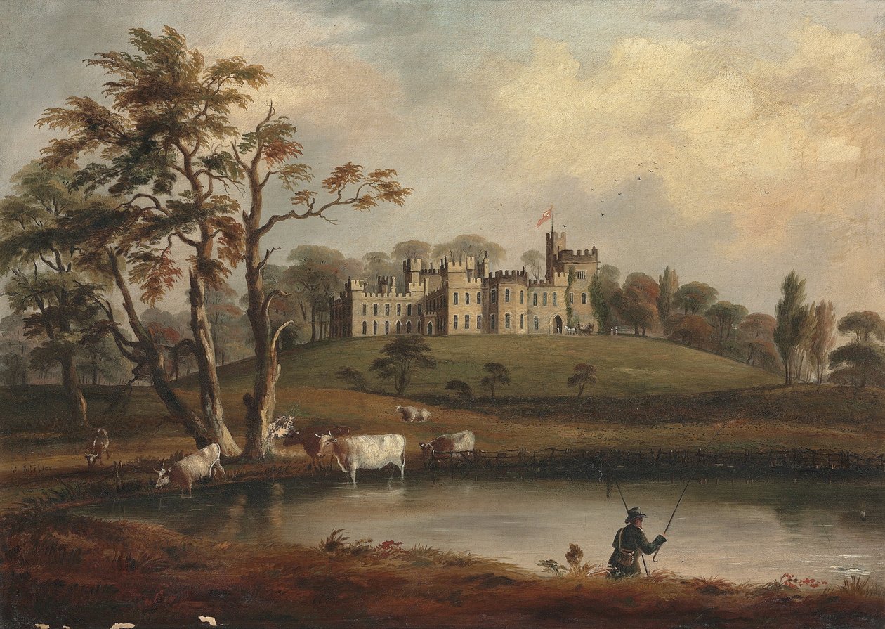 En utsikt over Hornby Castle, Yorkshire, med en sportsfisker og storfe på bredden av elven Wenning av J. Miller