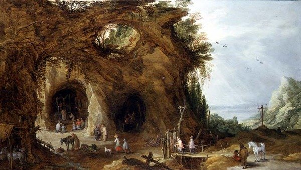 Pilegrimer ved en helligdom i et fjellandskap (olje på panel) av J. and Momper J. de Brueghel