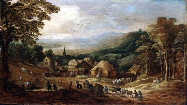 Høstlandskap med bønder av J. and Momper J. de Brueghel