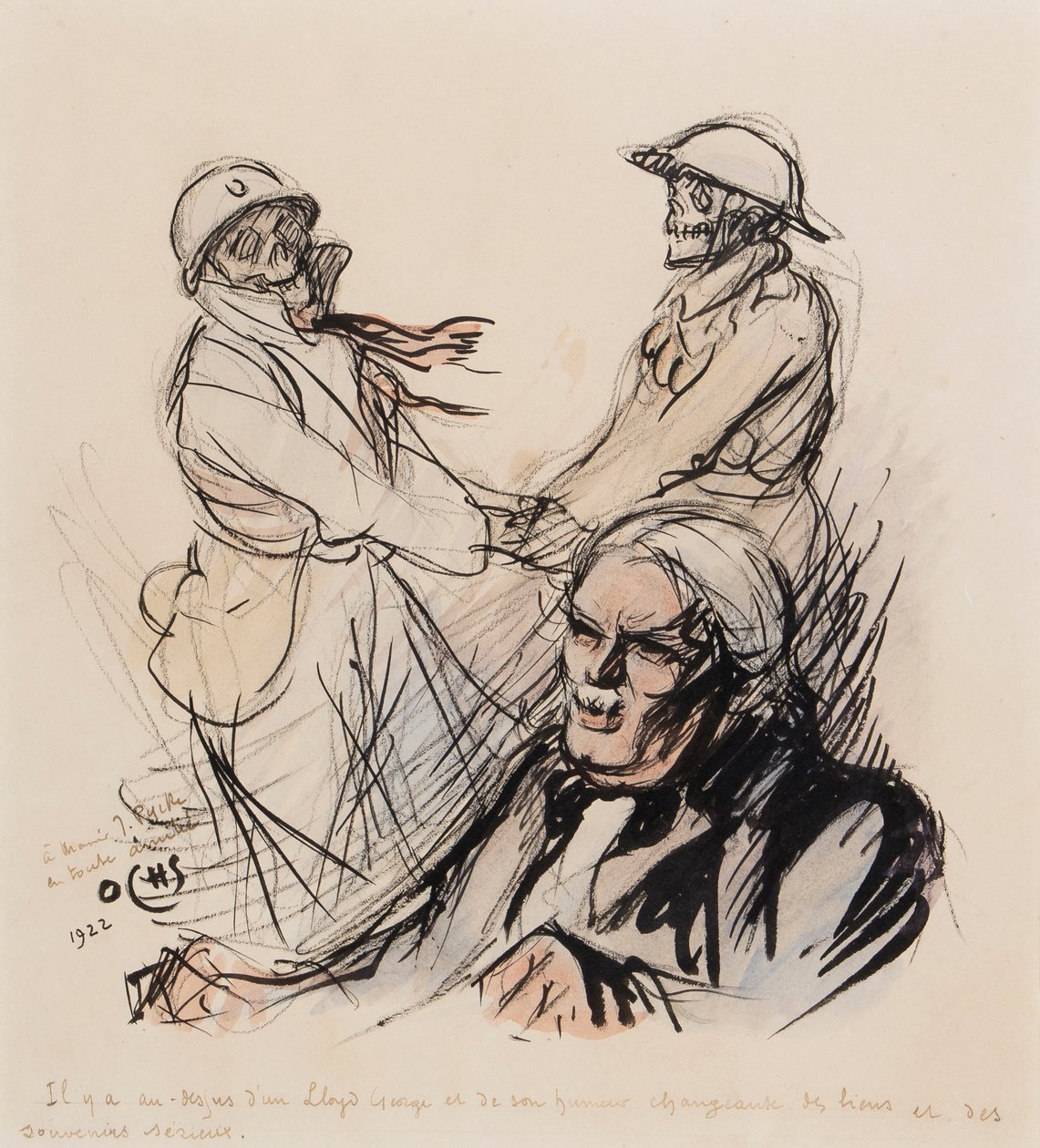 Lloyd George spiller fortsatt les lieus et les souvenirs serieux fra WWI i 1922, 1922 (penn, pensel, blekk og wc på papir) av J. Ochs