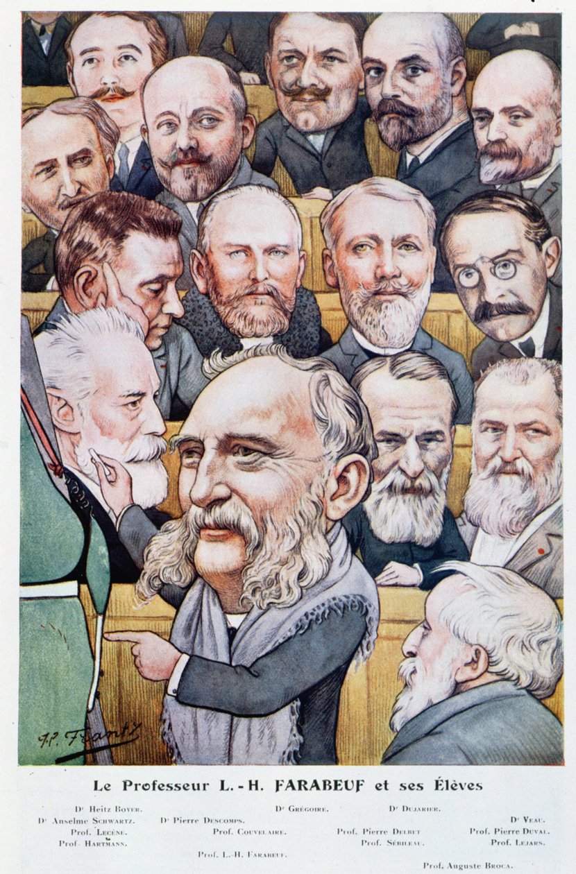 Professor Luis Hubert Farabeuf (1841-1910) og hans studenter, fra Chanteclair, ca. 1910 av J P. Frantz