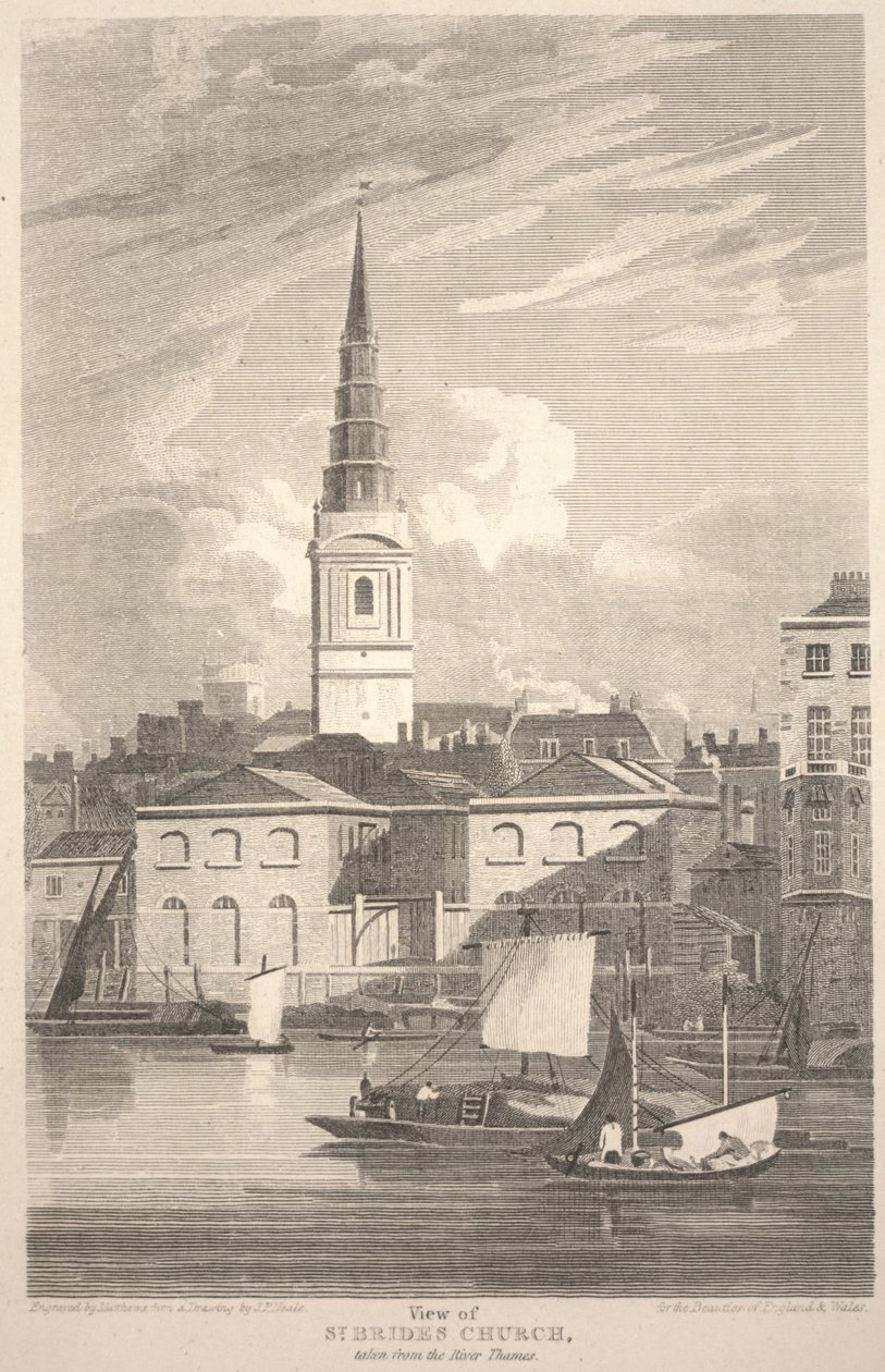 Utsikt over St. Brides Church, tatt fra Themsen, gravert av Matthews av John Preston Neale