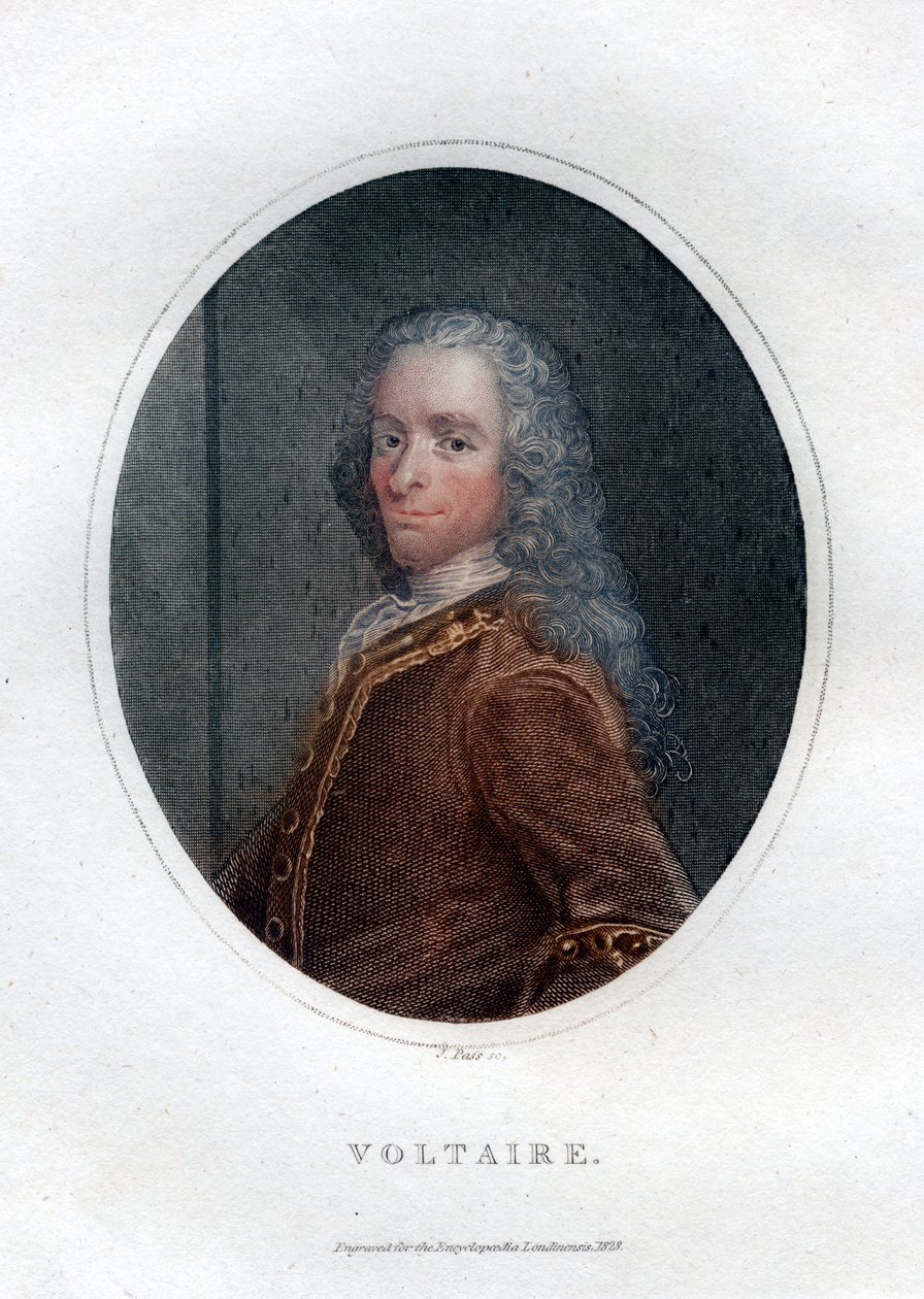 Francois Marie Arouet Voltaire , fransk skribent og satiriker fra 1700-tallet, 1828. av J. Pass