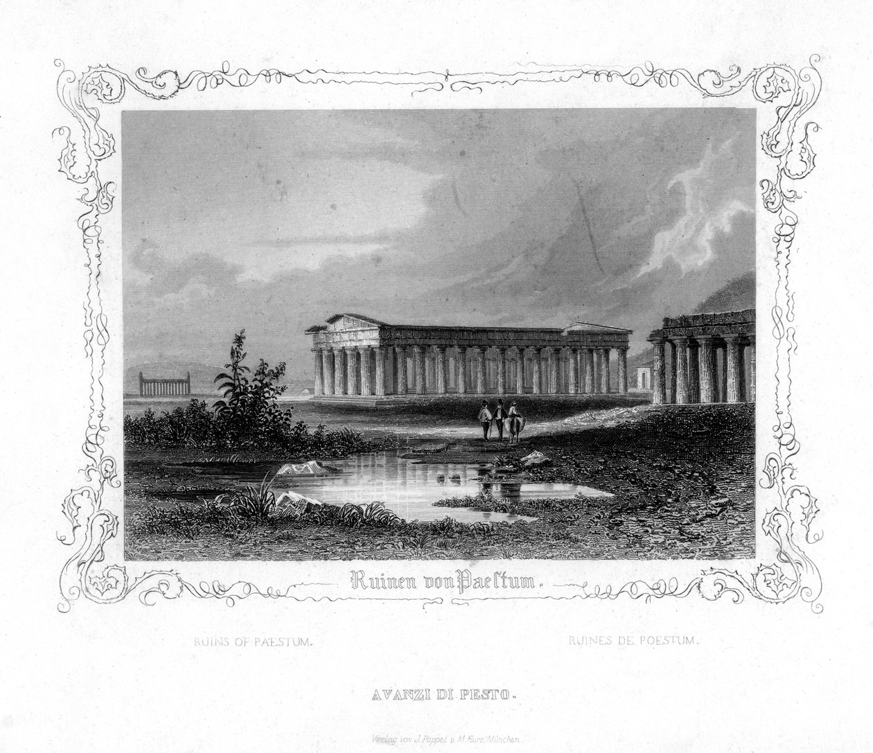 Ruinene av Paestum, Italia, 1800-tallet av J. Poppel