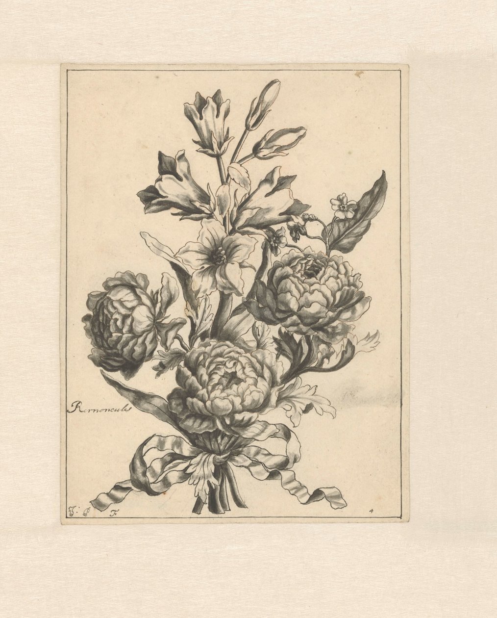Smørblomster bundet sammen med et bånd Renocules (tittel på objekt) av J. Porteret