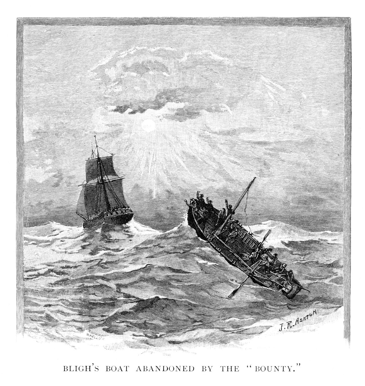 Kaptein Blighs båt forlatt av Bounty, 1789 1886. av J. R. Ashton
