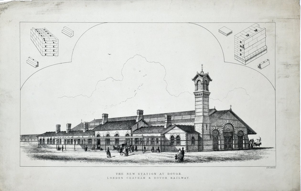 Ny stasjon på Dovor (sic). London, Chatham og Dovor Railway. 1860 (radering på papir) av J. R. Jobbins