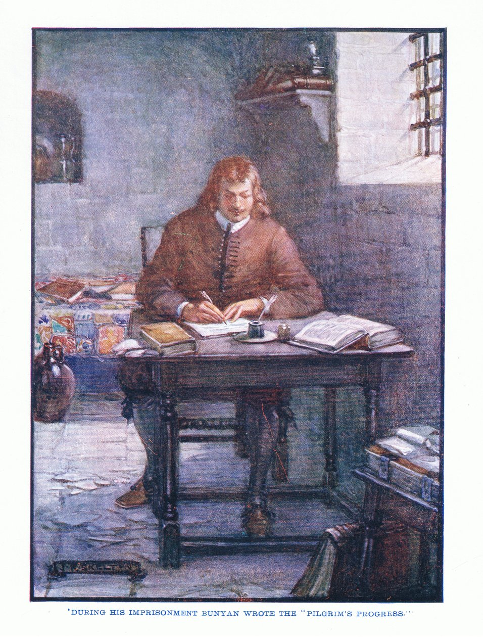 Under fengslingen skrev Bunyan The Pilgrims Progress, fra English Literature pub.av T C & EC Jack, ca. 1920 av J. R. Skelton