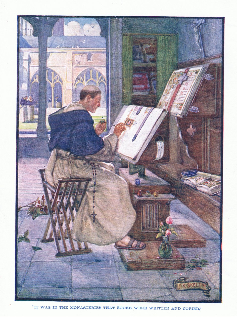 Det var i klostrene bøker ble skrevet og kopiert, fra English Literature pub.av T C & EC Jack, ca. 1920 av J. R. Skelton