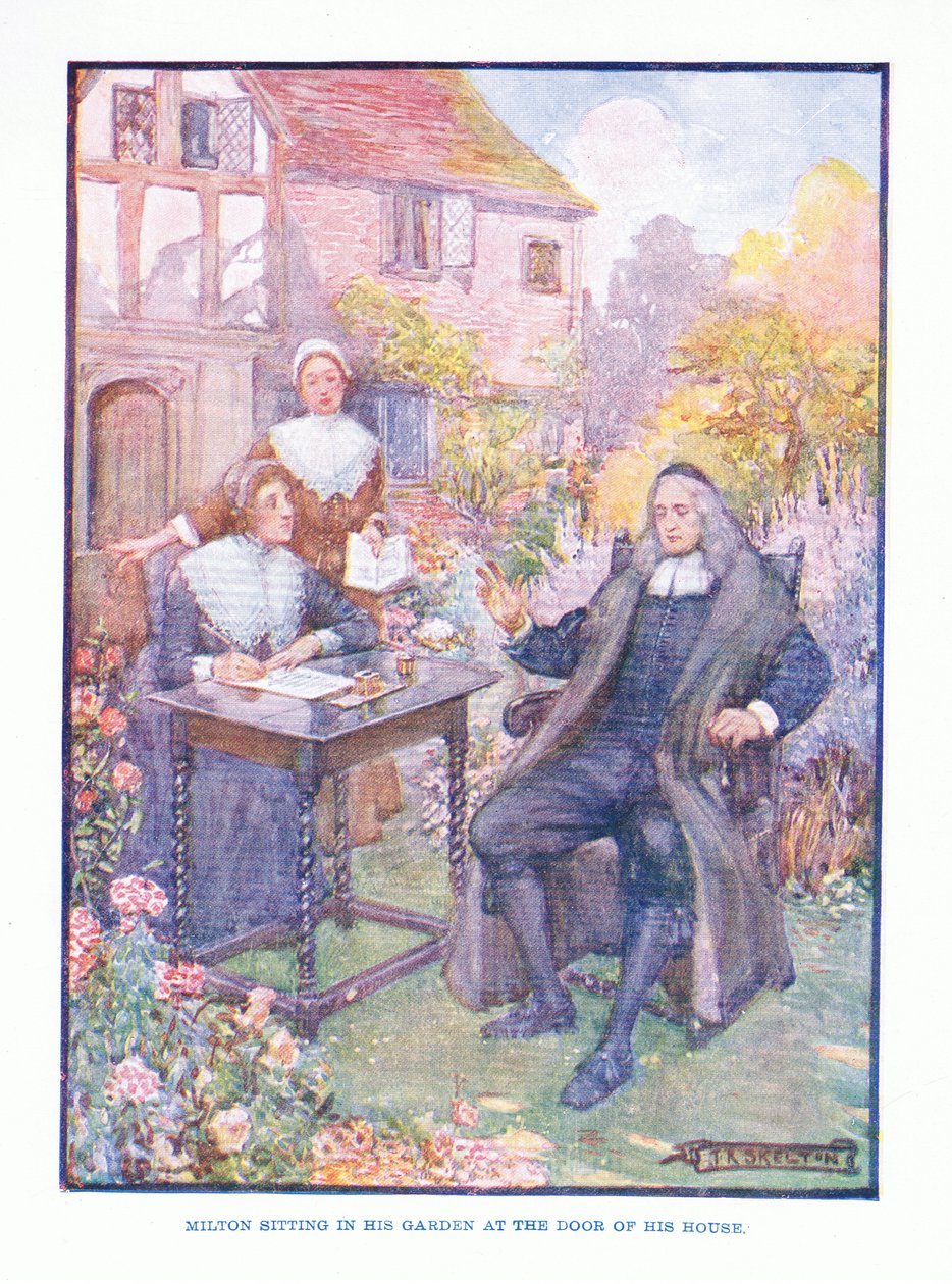 Milton sitter i hagen sin ved døren til huset hans, fra English Literature pub. av T C & EC Jack, ca. 1920 av J. R. Skelton